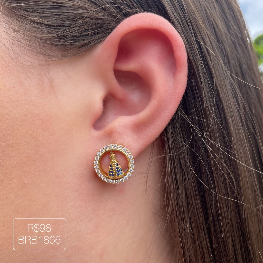 Brinco Nossa Senhora Redondo Cravejado Cristal Dourado